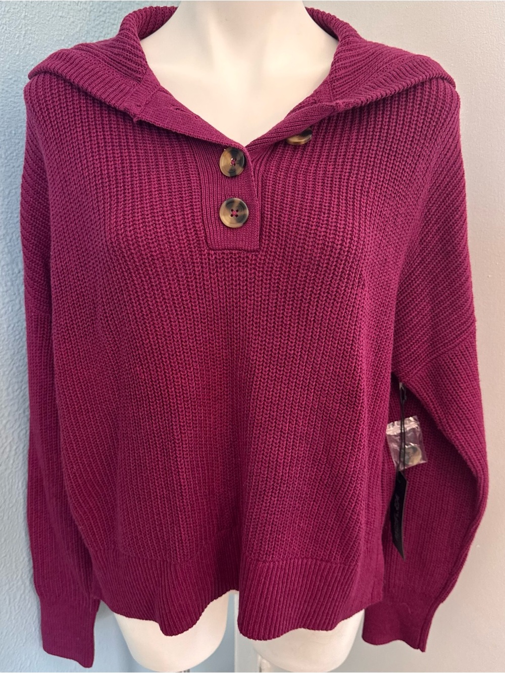 NWT Rachel Zoe Cotton Knit Magenta Oversized Boho Grandma Style Hooded Sweater